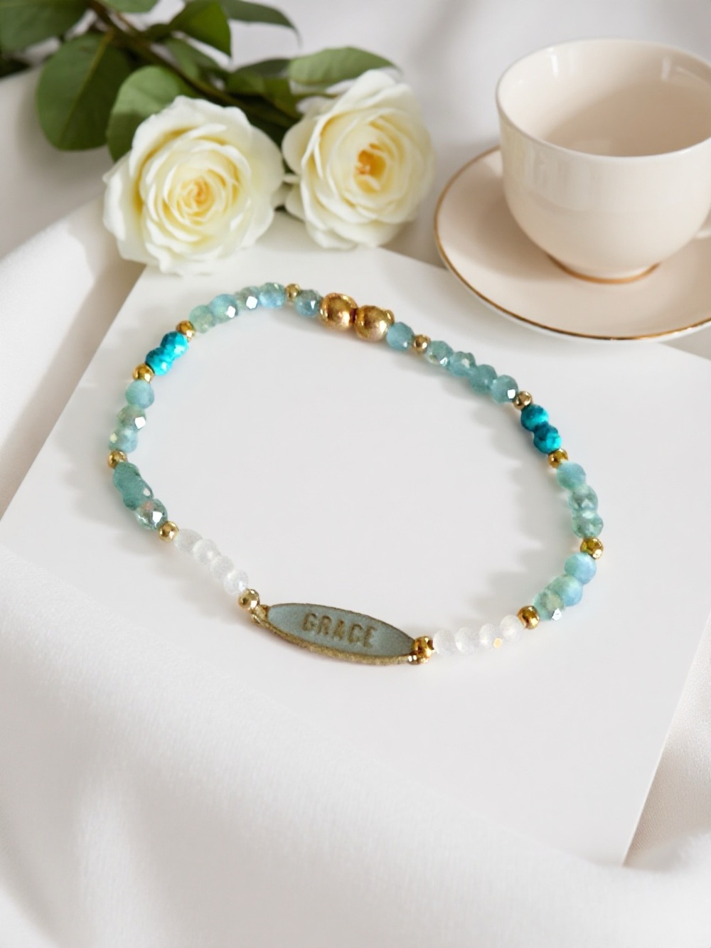 Hand Crafted Aqua & Gold 'GRACE' Beaded Bracelet